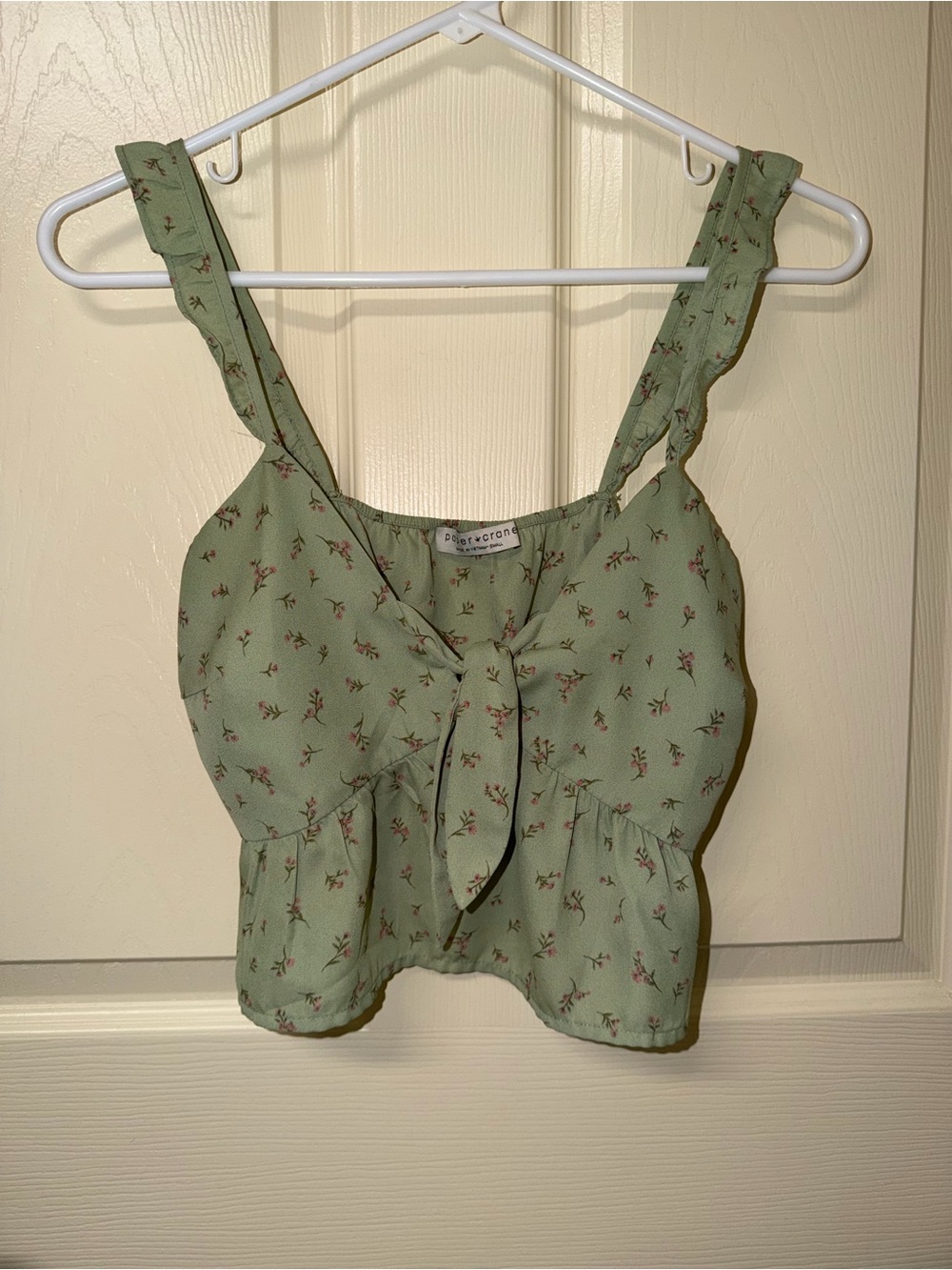 Lush & Loom Sage Green Floral Tie-Front Crop Top